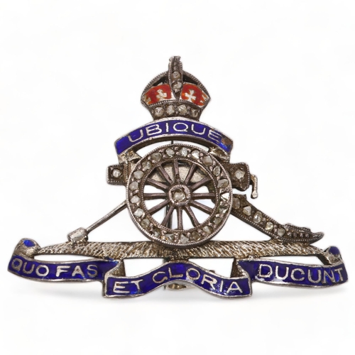 161 - Early 20th century diamond and enamel Royal Engineers military sweetheart brooch, unmarked white met... 