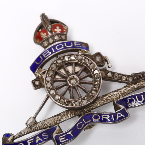 161 - Early 20th century diamond and enamel Royal Engineers military sweetheart brooch, unmarked white met... 