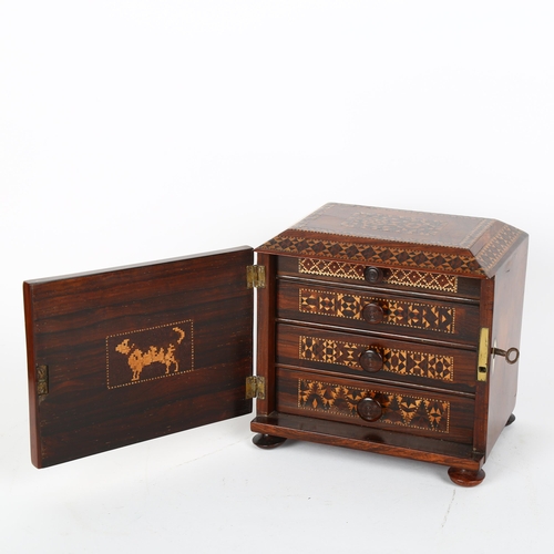 17 - A small 19th century Tunbridge Ware and rosewood jewel cabinet, inlaid micro-mosaic bands, with hing... 