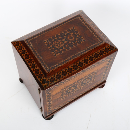 17 - A small 19th century Tunbridge Ware and rosewood jewel cabinet, inlaid micro-mosaic bands, with hing... 