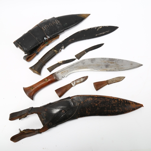 174 - 2 Second War Period kukri knives in leather sheaths, with original miniature knives