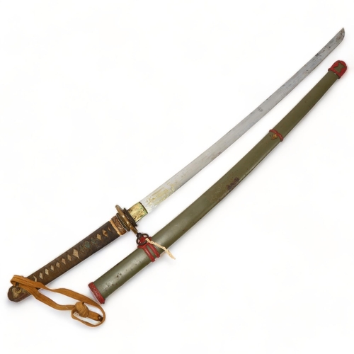 177 - Japanese early 20th century sword, with shagreen and bound handle with parcel-gilt mounts, blade len... 