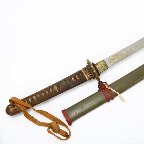 177 - Japanese early 20th century sword, with shagreen and bound handle with parcel-gilt mounts, blade len... 