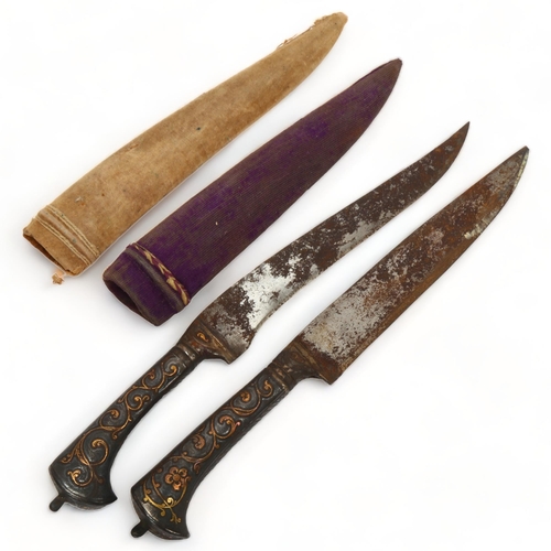 178 - 2 x 19th century Islamic knives, with parcel-gilt handles and velvet-covered sheaths, overall length... 