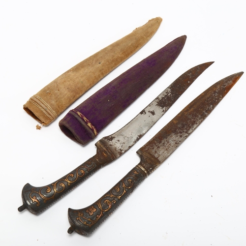 178 - 2 x 19th century Islamic knives, with parcel-gilt handles and velvet-covered sheaths, overall length... 