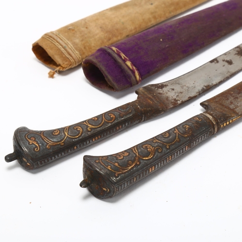 178 - 2 x 19th century Islamic knives, with parcel-gilt handles and velvet-covered sheaths, overall length... 