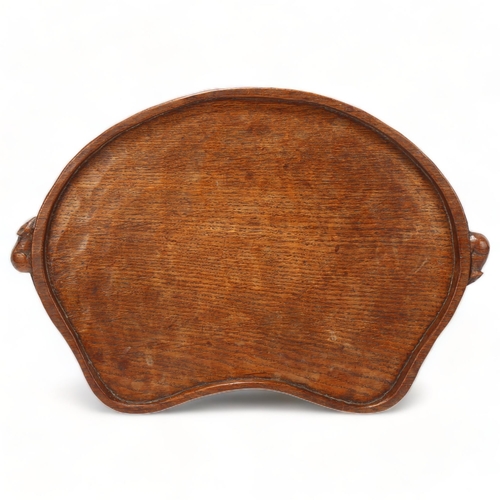 186 - Robert Mouseman Thompson, oak tea tray, circa 1950s, with mouse handles and adze finish, length 48cm