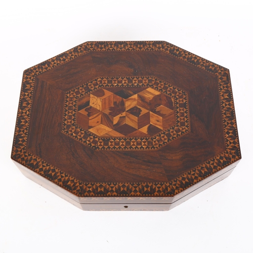 19 - 19th century Tunbridge Ware and rosewood games box of canted rectangular form, with cube marquetry c... 