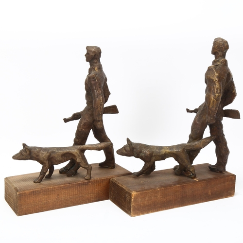 190 - Mid-20th century European School, 2 bronze sculptures of soldiers with dogs, mounted on woodblock ba... 