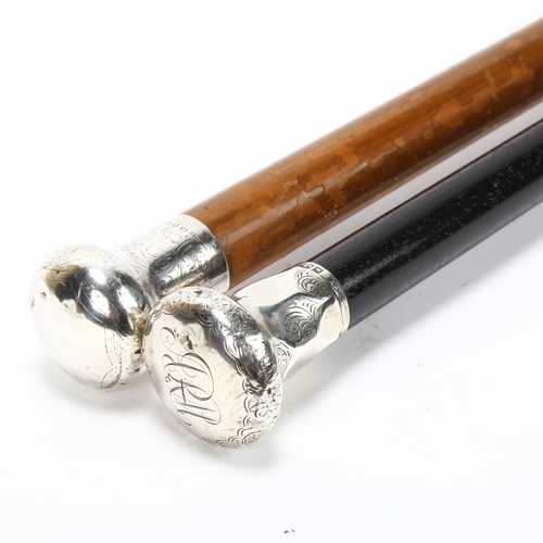 191 - An ebony silver-topped walking cane, stamped HT 1923, and a Malacca and silver walking cane, stamped... 