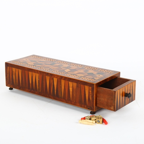 20 - 19th century Tunbridge Ware cribbage box, specimen wood cube marquetry decorated top, geometric inla... 