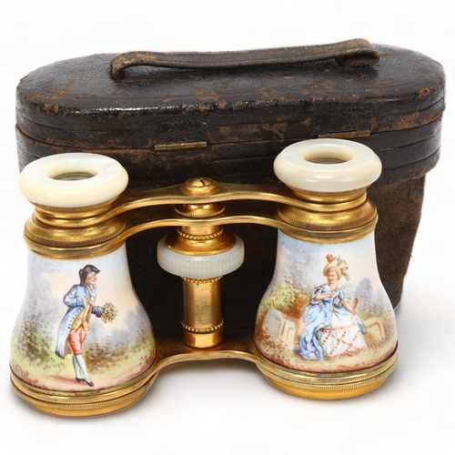 200 - Pair of Victorian gilt-metal and hand painted enamel opera glasses depicting 2 lovers, with mother-o... 