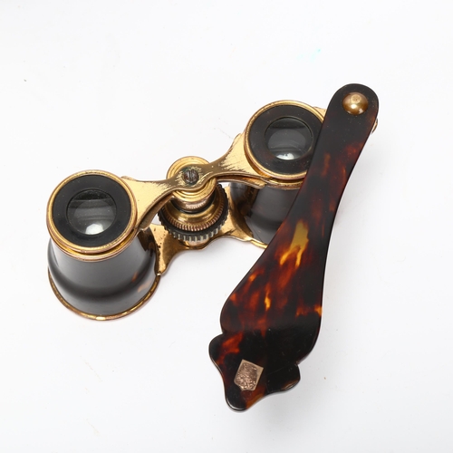 201 - Pair of Victorian tortoiseshell and gilt-metal opera glasses, with folding handle, in Morocco leathe... 