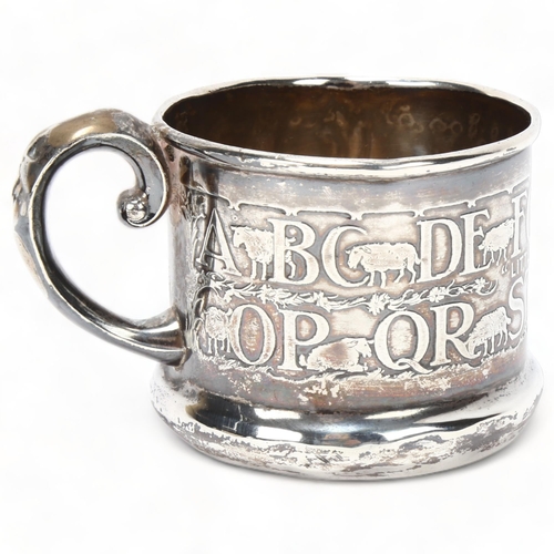 204 - Sterling silver Little Bo Peep alphabet design christening mug, stamped sterling, height 6cm