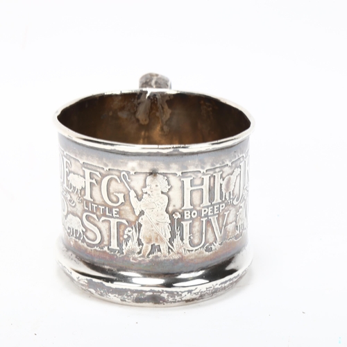 204 - Sterling silver Little Bo Peep alphabet design christening mug, stamped sterling, height 6cm