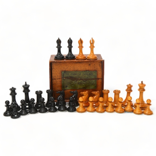 209 - Jaques Staunton pattern chess set, boxwood and ebonised, King stamped Jaques London, in original mah... 