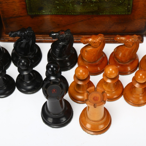 209 - Jaques Staunton pattern chess set, boxwood and ebonised, King stamped Jaques London, in original mah... 