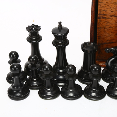 209 - Jaques Staunton pattern chess set, boxwood and ebonised, King stamped Jaques London, in original mah... 