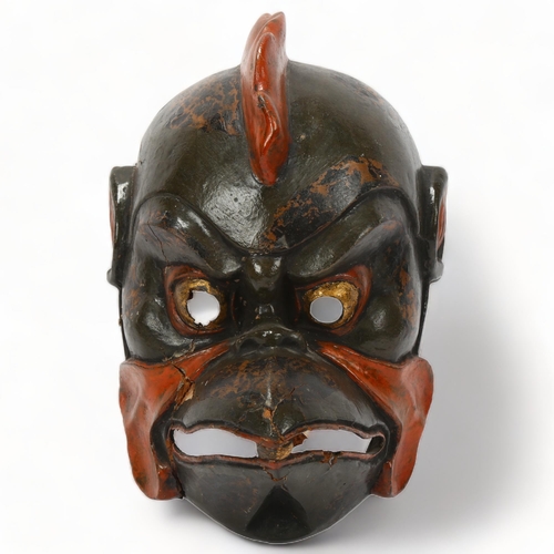 223 - Japanese Gigaku mask, carved wood with red gold and green lacquer, Meiji Period, height 30cm