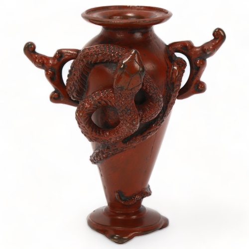 236 - A Japanese red/brown patinated bronze miniature vase, with entwined serpent body, height 11cm