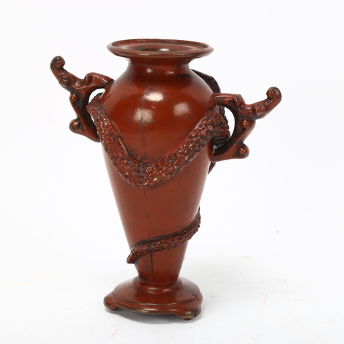 236 - A Japanese red/brown patinated bronze miniature vase, with entwined serpent body, height 11cm