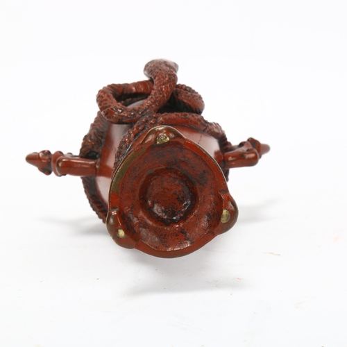 236 - A Japanese red/brown patinated bronze miniature vase, with entwined serpent body, height 11cm