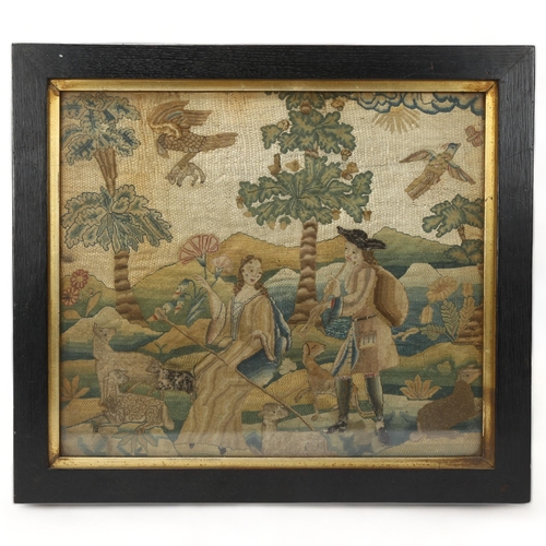 275 - Early English stumpwork embroidered picture, 17th or 18th century, depicting shepherd and shepherdes... 