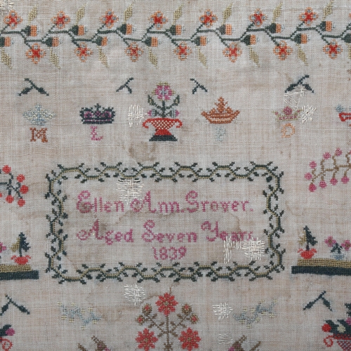 276 - A William IV Period needlework sampler, by Ellen Ann Grover, aged 7 years, 1839, 40cm x 32cm, framed