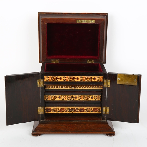 28 - 19th century Tunbridge Ware and rosewood table-top jewel cabinet, floral micro-mosaic panelled hinge... 