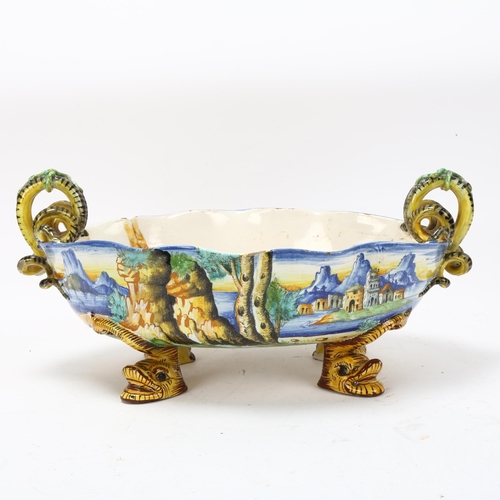 291 - Cantagalli Maiolica pottery table centre bowl, length 40cm, A/F