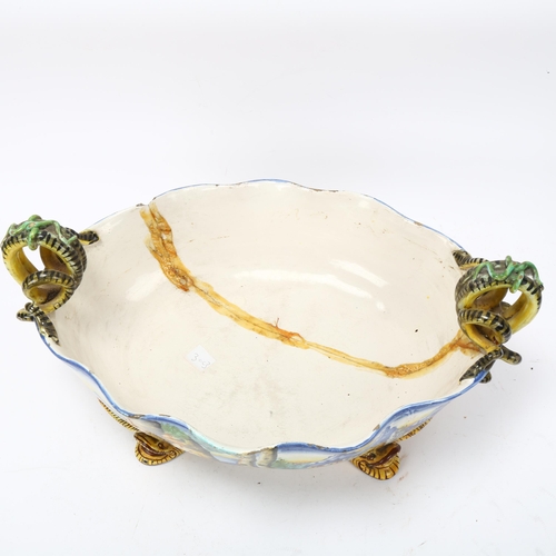 291 - Cantagalli Maiolica pottery table centre bowl, length 40cm, A/F