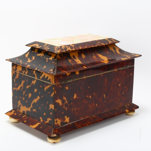 3 - 19th century tortoiseshell and mother-of-pearl parquetry inlaid rectangular tea caddy, with shaped f... 