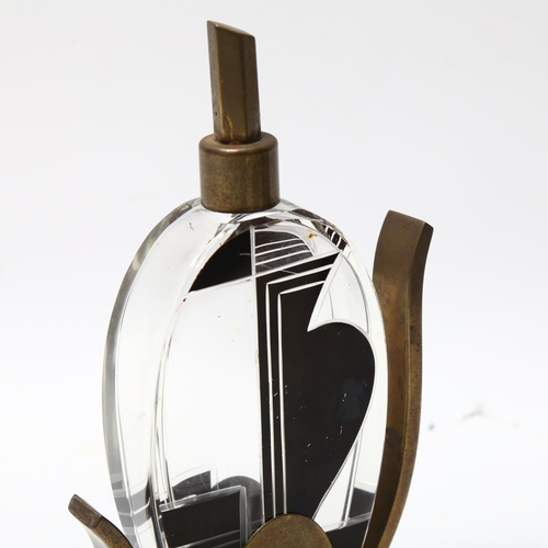 321 - French Art Deco black and clear glass perfume bottle, in bronze stand, height 17cm