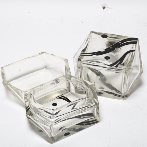 323 - French Art Deco black and clear glass perfume bottle, height 10cm, and matching box (2)