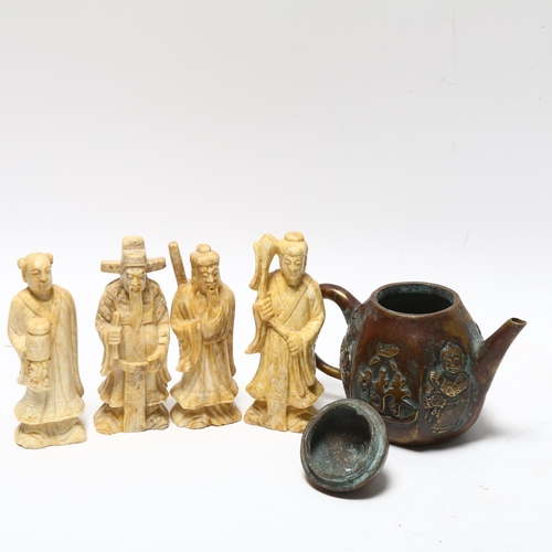 336 - A set of 8 Chinese carved soapstone immortal figures, height 9cm, and a Chinese patinated bronze wat... 