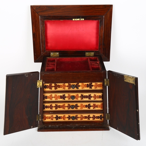 34 - 19th century Tunbridge Ware and rosewood table-top jewel cabinet, stylised specimen wood marquetry i... 