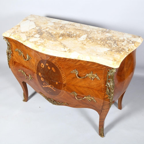 406 - A French Kingwood and marquetry inlaid bombe commode, with ormolu mounts and marble top, height 88cm... 