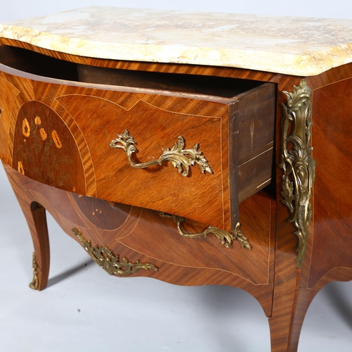 406 - A French Kingwood and marquetry inlaid bombe commode, with ormolu mounts and marble top, height 88cm... 