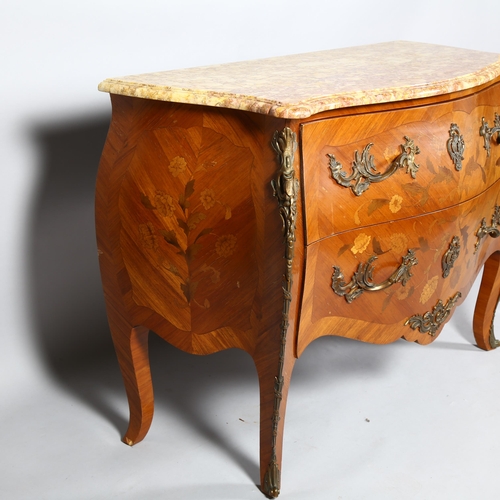 407 - A 2 drawer bombe commode with ormolu mounts and marble top, height 83cm, 118 x 49cm