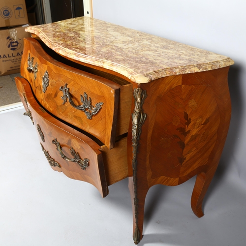 407 - A 2 drawer bombe commode with ormolu mounts and marble top, height 83cm, 118 x 49cm