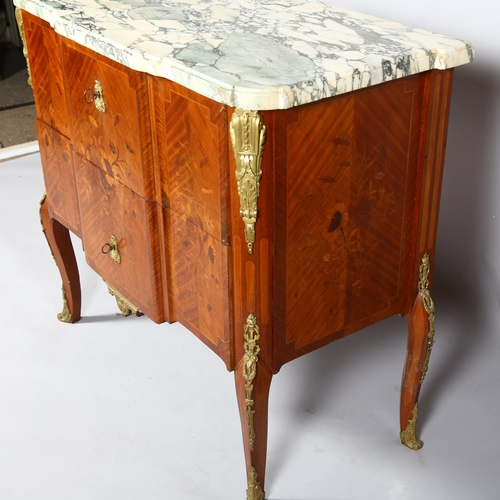 410 - A 2 drawer kingwood commode, ormolu mounted with white  marble top, height 83cm, 91 x 45cm