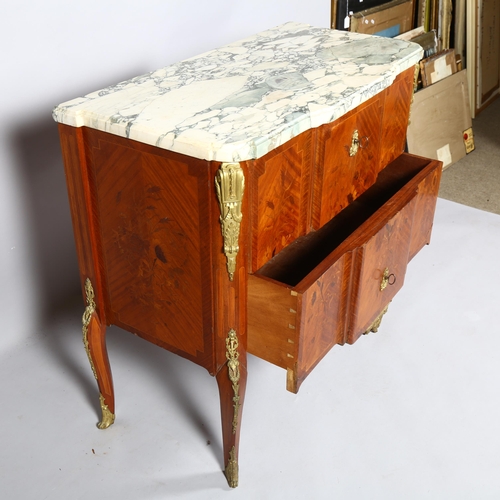 410 - A 2 drawer kingwood commode, ormolu mounted with white  marble top, height 83cm, 91 x 45cm