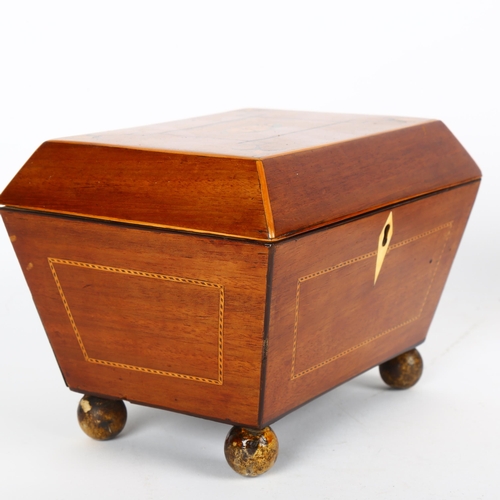 43 - 19th century mahogany sarcophagus shaped tea caddy, with shell marquetry inlay, inner lids with ivor... 