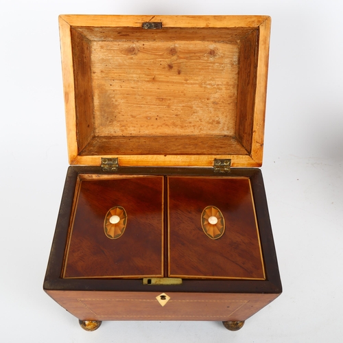 43 - 19th century mahogany sarcophagus shaped tea caddy, with shell marquetry inlay, inner lids with ivor... 