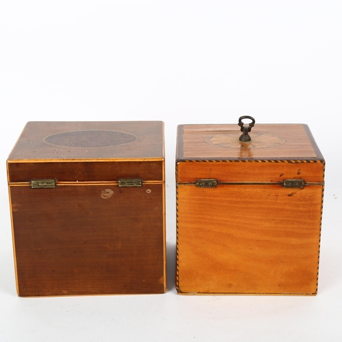 44 - 2 x 19th century satinwood and mahogany inlaid tea caddies with hinged lids, width 12cm, height 12cm