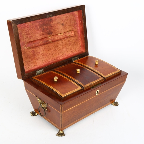 46 - 19th century mahogany sarcophagus shaped tea caddy, with inlaid banding, 3 inner caddies with curved... 