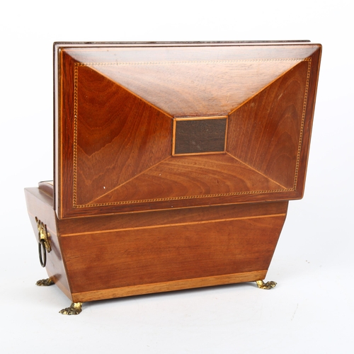 46 - 19th century mahogany sarcophagus shaped tea caddy, with inlaid banding, 3 inner caddies with curved... 