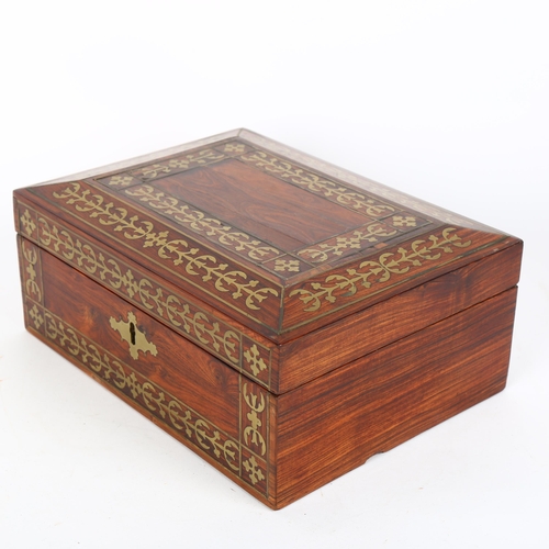 50 - 19th century rosewood and brass marquetry inlaid rectangular box, original key, 25cm x 19cm, height ... 