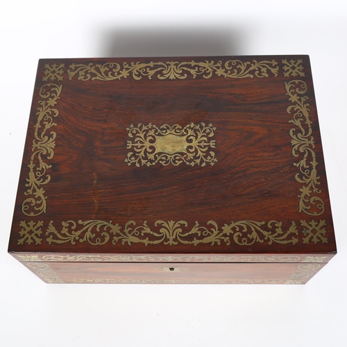 51 - 19th century rosewood and brass marquetry inlaid sewing box, with tray fitted interior and recessed ... 