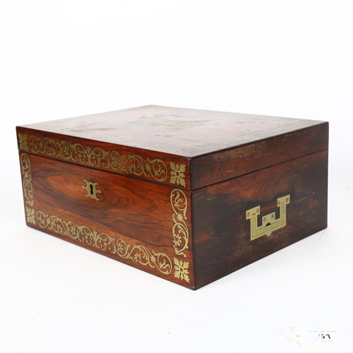 51 - 19th century rosewood and brass marquetry inlaid sewing box, with tray fitted interior and recessed ... 